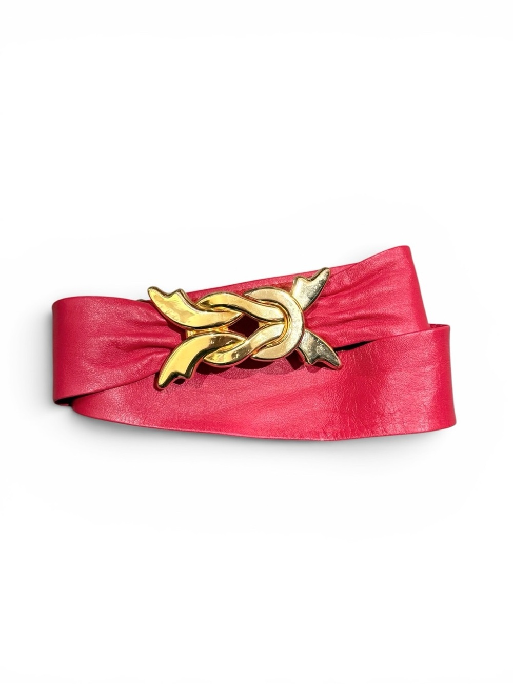 Vintage Pink Leather Wrap Belt with Gold Twist Buckle